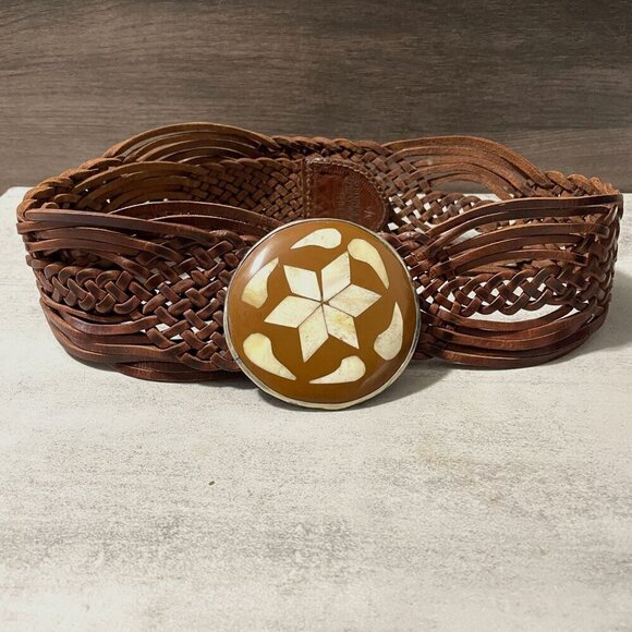 Motif 56 Braided Brown Leather Waist Belt Round Inlay Silver Buckle Women\'s M main image 6